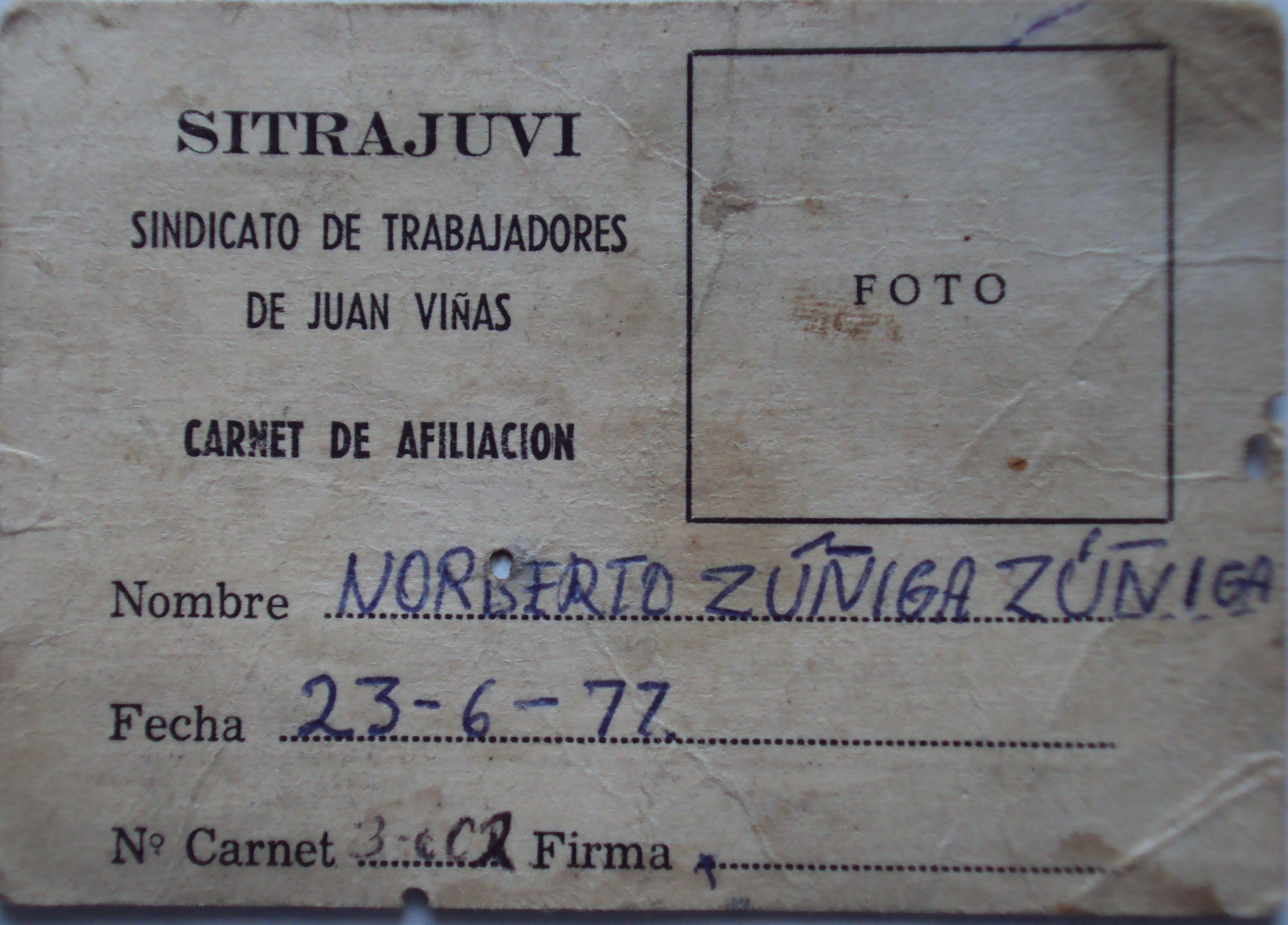 img-galeria-quote-Carné de afiliación al sindicato Sitrajuvi, Juan Viñas 1977
