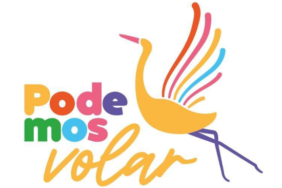 img-galeria-quote-Logo del programa radiofónico "Podemos Volar" donde se observa el nombre del programa en letras de colores y una grulla (ave) también de colores. 