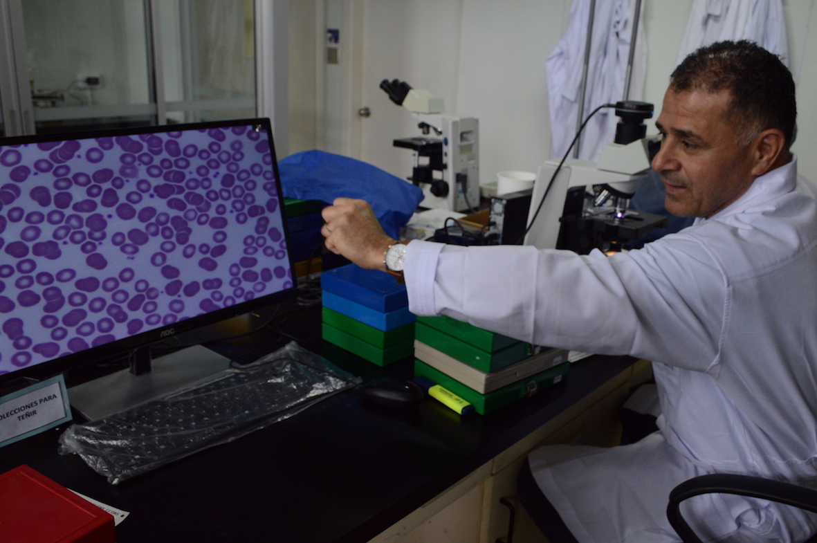 El técnico Federico Artavia explicando la imagen de una muestra de sangre, tomada en vivo con ayuda de un monitor conectado a un microscopio. 