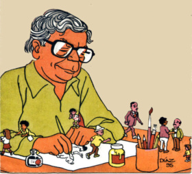 Díaz realizó numerosas caricaturas para el Semanario Universidad y otros diarios nacionales.  En sus publicaciones usó seudónimos como Díaz, Lalo, Pancho.  Imagen de www.sinabi.go.cr
