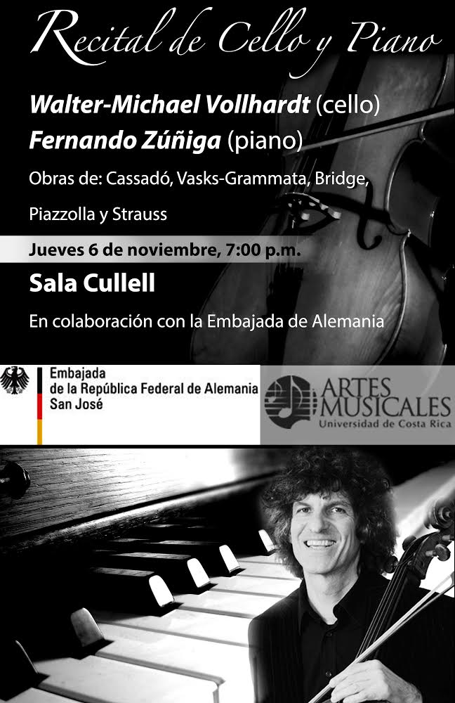 Afiche del recital de cello y piano, que se llevará a cabo este jueves 6 de noviembre en la Sala Cullel