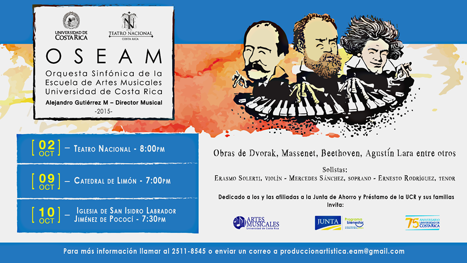 2 de octubre a las 8:00 p.m., en el Teatro Nacional, con la participación solista del violinista Erasmo Solerti, la soprano Mercedes Sánchez y el tenor Ernesto Rodríguez.