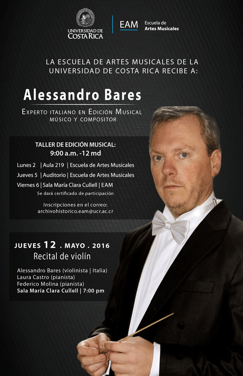 El maestro Alessandro Bares ofreció un taller de edición y ofrecerá un recital el jueves 12 de mayo a las 7:00 p.m
