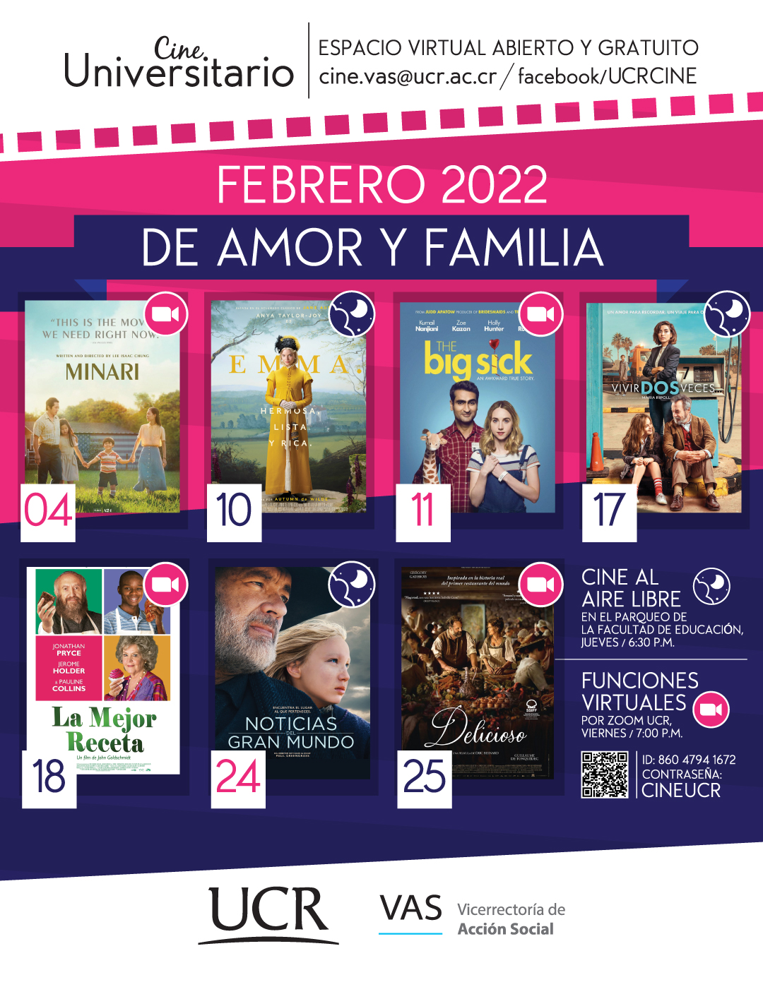 El ciclo de cine "De amor y familia” seleccionó producciones cinematográficas de varios géneros que pueden disfrutarse por la plataforma virtual Zoom o en burbujas sociales en el Cine al Aire Libre.